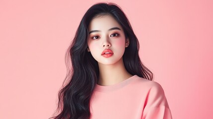 Wall Mural - Stylish young woman with long black hair posing against a pink background, showcasing beauty and modern fashion trends.