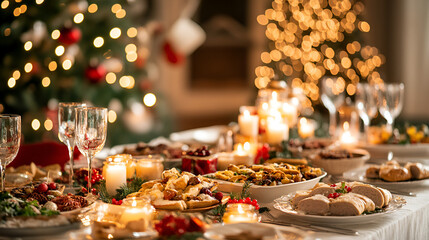 festive christmas dinner table overflowing with gourmet dishes elaborate holiday decorations warm candlelight glimpse of decorated tree in background inviting and luxurious ambiance