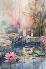 Sticker - Peaceful spa setting brought to life with watercolor art.