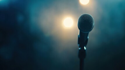 Wall Mural - A close-up of a microphone against a blurred background with lights, suggesting performance.