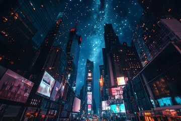 Poster - futuristic cityscape at midnight towering skyscrapers neon lit streets and a starry midnight blue sk