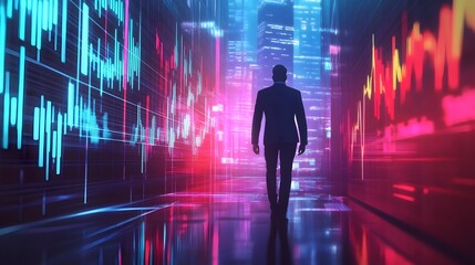 Poster - Visionary Businessman Analyzing Holographic Financial Data and Charts in a Neon Lit High Tech Corporate Office Setting  Concept of Data Driven Business Strategy Innovation and Financial Success