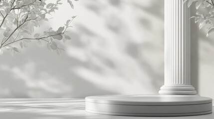 Poster - A minimalist display featuring a white pedestal and a classical column with soft shadows.
