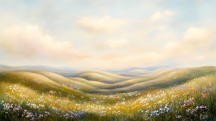 Poster - Pastel Inspired Landscape with Soft Muted Tones Rolling Hills and Delicate Wildflowers Scattered Throughout a Peaceful Tranquil Countryside Setting with Wispy Clouds Hovering Above