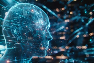 Poster - A digital representation of the human mind exploring neural connections in a futuristic cityscape, filled with vibrant lights. Generative AI