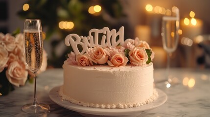 Sticker - A beautifully decorated cake with flowers and champagne glasses, set for a celebration.