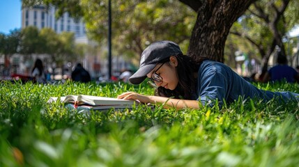 Sticker - A person reading a book while lying on grass in a park.