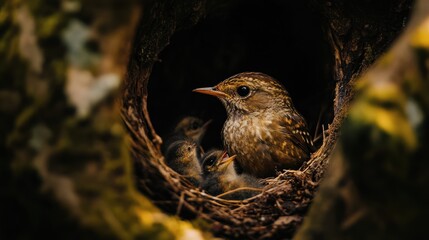 Poster - A mother bird caring for her chicks in a nest, showcasing nature's nurturing instincts.