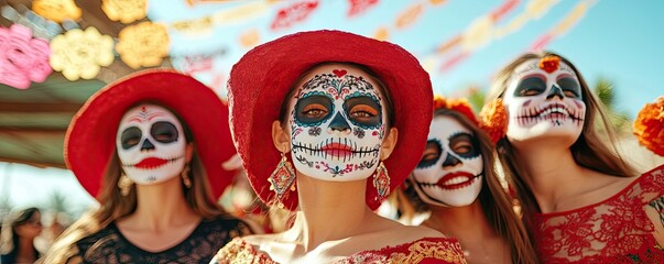 Vibrant celebration with women in colorful attire and traditional sugar skull makeup, embodying rich cultural traditions and joy.