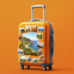 Vibrant suitcase with travel photos against an orange background