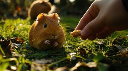 Wall Mural - A hand offers a treat to a curious guinea pig in a grassy outdoor setting.