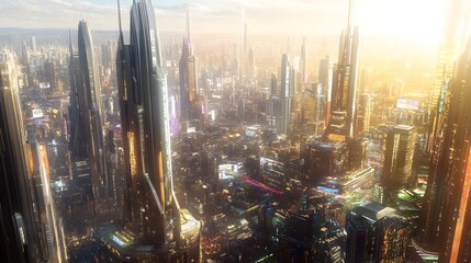 Poster - glittering metropolis futuristic skyline of a vibrant and dynamic city with towering skyscrapers neo