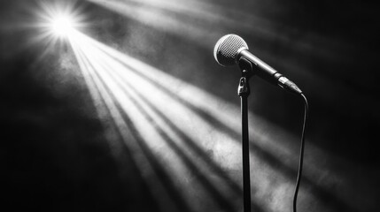 Poster - A microphone on a stand illuminated by dramatic lighting, suggesting a performance setting.