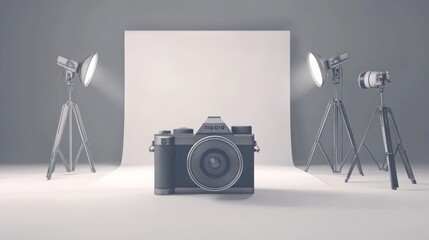 Poster - A studio setup featuring a camera and lighting equipment for photography.