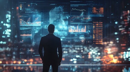 Poster - Digital Business Plan with Holographic Charts and Cutting Edge Technology Background for CEO s Strategic Decision Making and Corporate Leadership