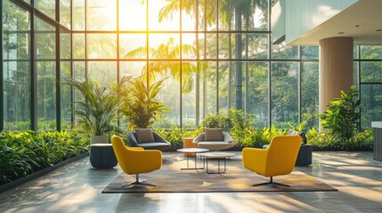 Canvas Print - Bright and inviting lounge area with modern furniture and lush greenery.