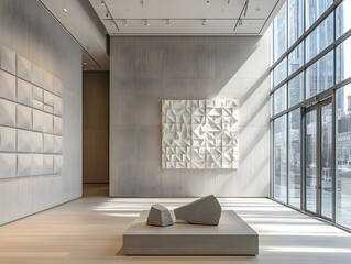 Poster - A serene and tranquil modern art gallery showcasing a minimalist collection of abstract geometric sculptures and wall installations