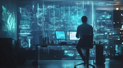 Poster - Entrepreneur strategizing with interactive holographic data tools in a modern tech forward startup office setting  The image depicts a futuristic workplace focused on digital transformation