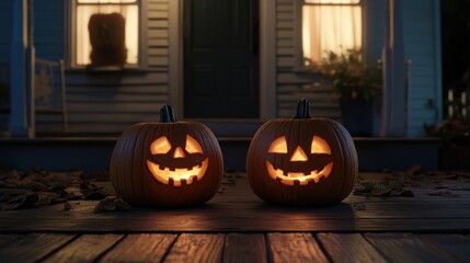 Poster - Two glowing jack-o'-lanterns on a porch, creating a festive Halloween atmosphere.