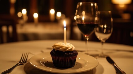 Wall Mural - A candle-lit cupcake on a dining table, symbolizing celebration or special occasion.