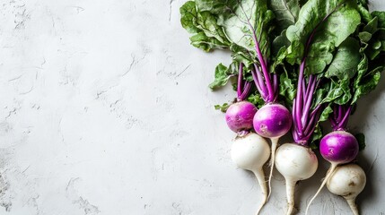 Wall Mural - Fresh radishes with green leaves on a light background.