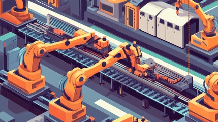 Poster - A factory floor with robotic arms assembling products, illustrating the rise of automation in the industrial sector.
