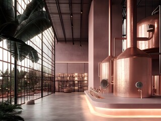 Poster - Artisanal craft distillery featuring a modernist architectural silhouette soft pastel color palette and gleaming copper and glass components