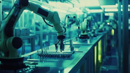 Poster - A factory floor with robotic arms assembling products, illustrating the rise of automation in the industrial sector.