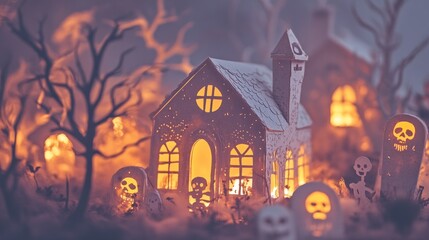 Poster - A whimsical Halloween scene featuring a paper house, glowing lights, and spooky decorations.