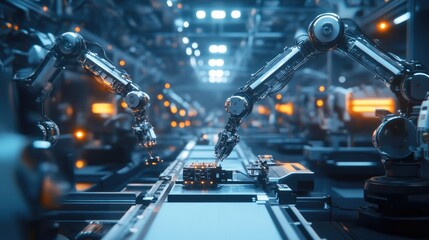Poster - A factory floor with robotic arms assembling products, illustrating the rise of automation in the industrial sector.