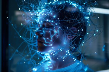 Poster - A contemplative moment of self-discovery amid luminous connections in a futuristic environment. Generative AI