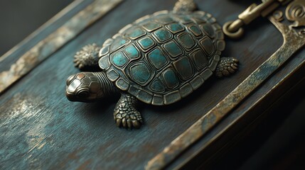 Bronze Turtle Sculpture on Wooden Background