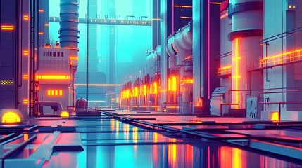 Poster - Whimsical cartoon style compact power plant with vibrant geometric shapes sleek machinery and glowing energy conduits