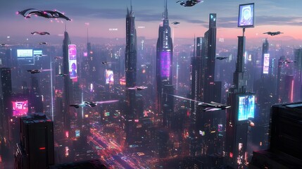 Poster - Breathtaking futuristic cityscape with sleek high tech skyscrapers reaching towards the sky neon lit architecture flying vehicles weaving through the air advanced holographic billboards and signage