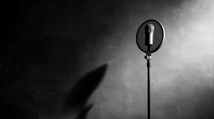 Poster - A vintage microphone on a stand, casting a shadow against a textured wall.