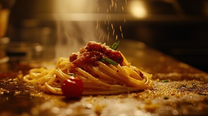 Wall Mural - A steaming plate of pasta garnished with sauce and herbs, showcasing culinary artistry.