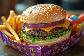 Canvas Print - Closeup of a Delicious Cheeseburger with French Fries