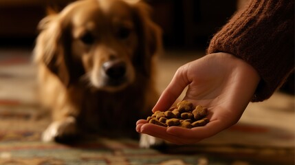 Poster - A hand offers dog food to a golden retriever, showcasing a moment of pet care.