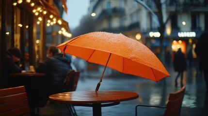 Poster - A vibrant orange umbrella on a wet table in a cozy outdoor cafe setting.