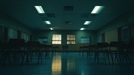 Poster - A dimly lit empty classroom with rows of chairs, evoking a sense of isolation.