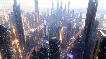 Poster - futuristic high rise buildings gleaming in the sunlight neon lit streets bustling with activity and 