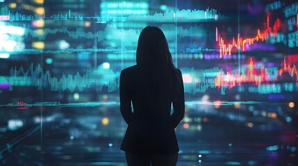Poster - Futuristic Businesswoman Analyzing Holographic Data and Market Trends Using Advanced Digital Technology in a Sleek Corporate Office Setting