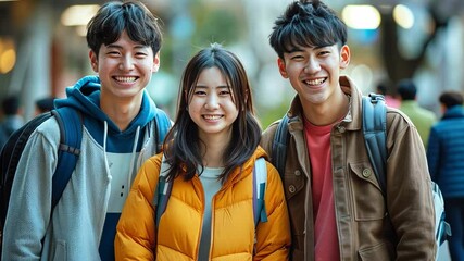 Poster - A group of three friends poses happily in a lively urban environment, showcasing a bright day as they wear casual and colorful clothing, highlighting their joyful camaraderie.