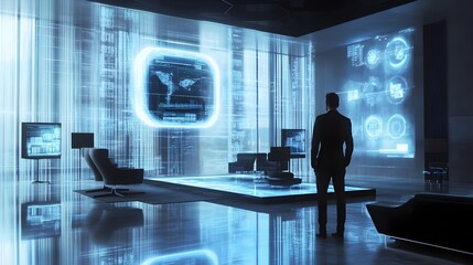 Poster - Visionary Business Entrepreneur Strategizing with Floating Holographic Interface in Ultramodern Office Environment  Futuristic Digital Strategy Session for Corporate Innovation and Success