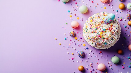 Wall Mural - A colorful cake surrounded by vibrant sprinkles and candies on a purple background.