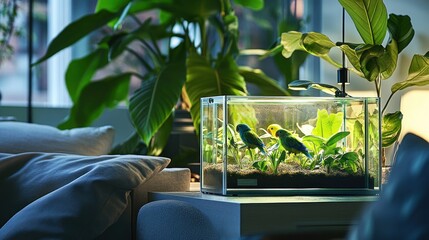 A cozy indoor scene featuring a terrarium with plants and small birds, enhancing the atmosphere.