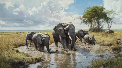 A group of elephants bathing in a muddy waterhole on the savannah, with tall grasses and distant trees framing the scene.