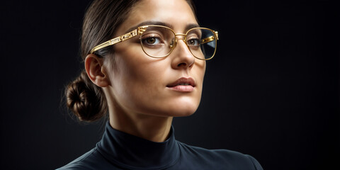 portrait of a woman wearing glasses with a gold frame. She has a serious expression on her face and is looking directly at the camera.