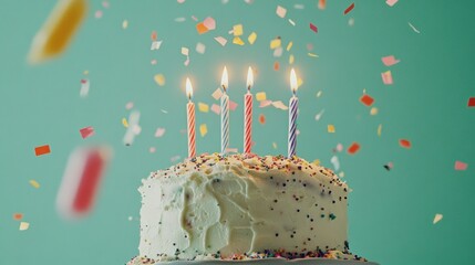 Wall Mural - A decorated birthday cake with candles and colorful confetti.