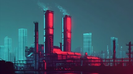 Poster - Stylized digital of a minimalist futuristic power plant with sleek metallic structures a vibrant red and blue color palette and clean geometric shapes